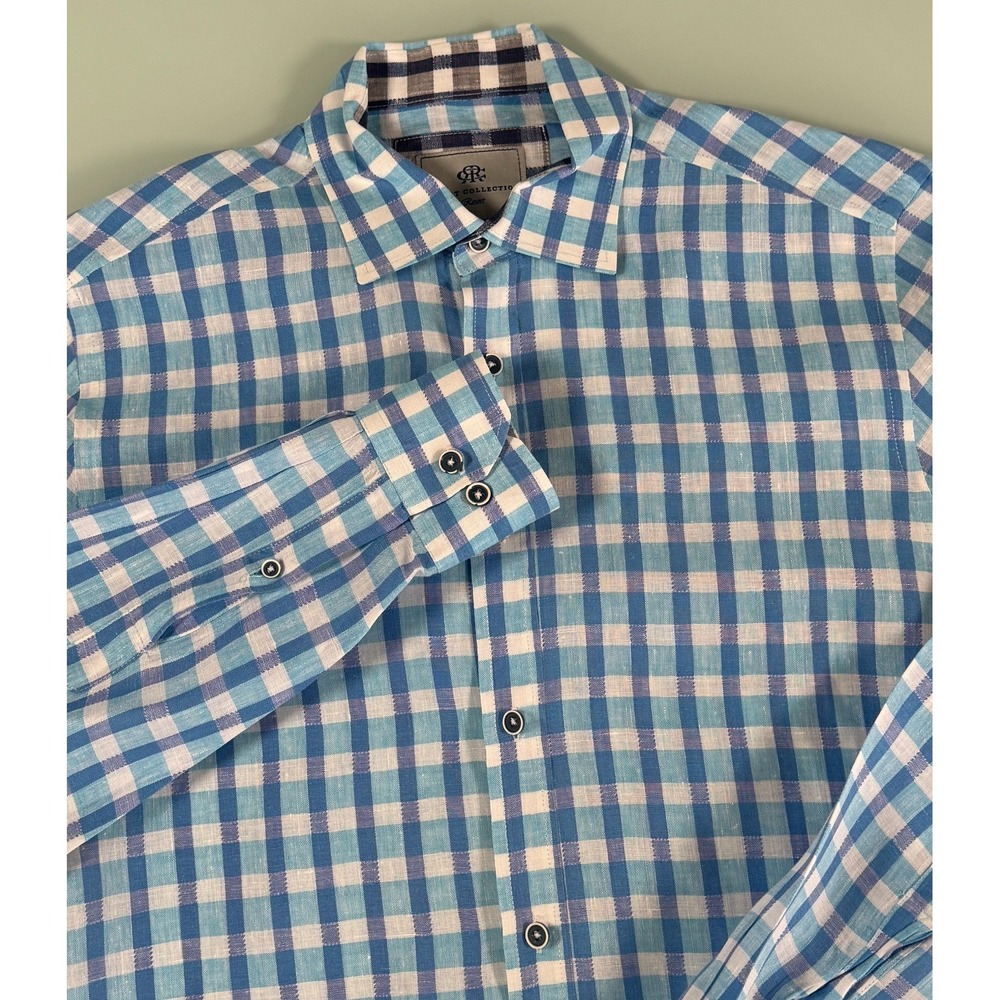 Report Collection Resort Linen Shirt Men's M Blue Plaid Button-Up Preppy